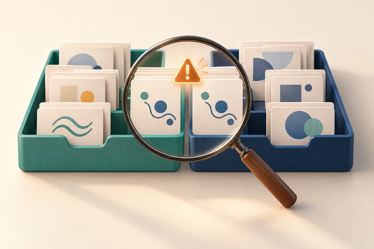 A magnifying glass highlights matching document cards in separate teal and blue dataset trays, with an amber warning symbol.