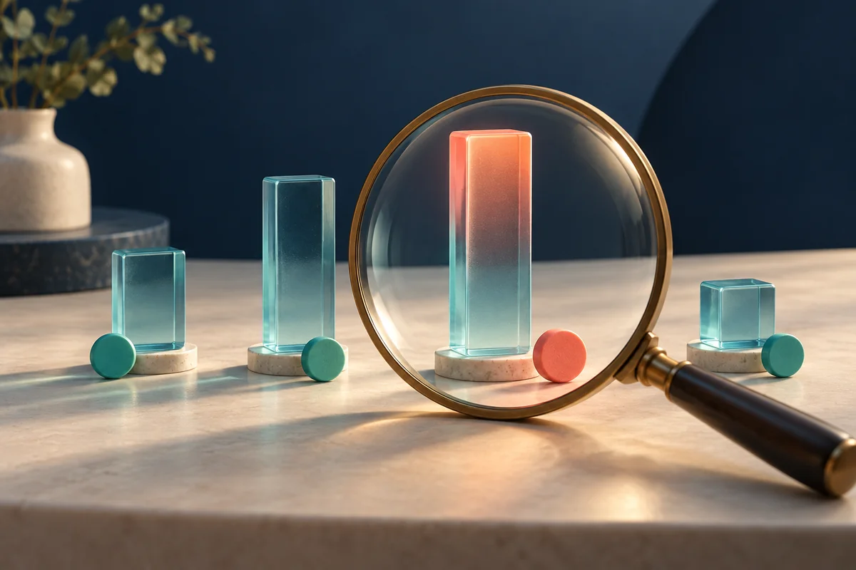 A magnifying glass highlights a tall coral-tinted forecast column among glass probability columns and colored outcome tokens.
