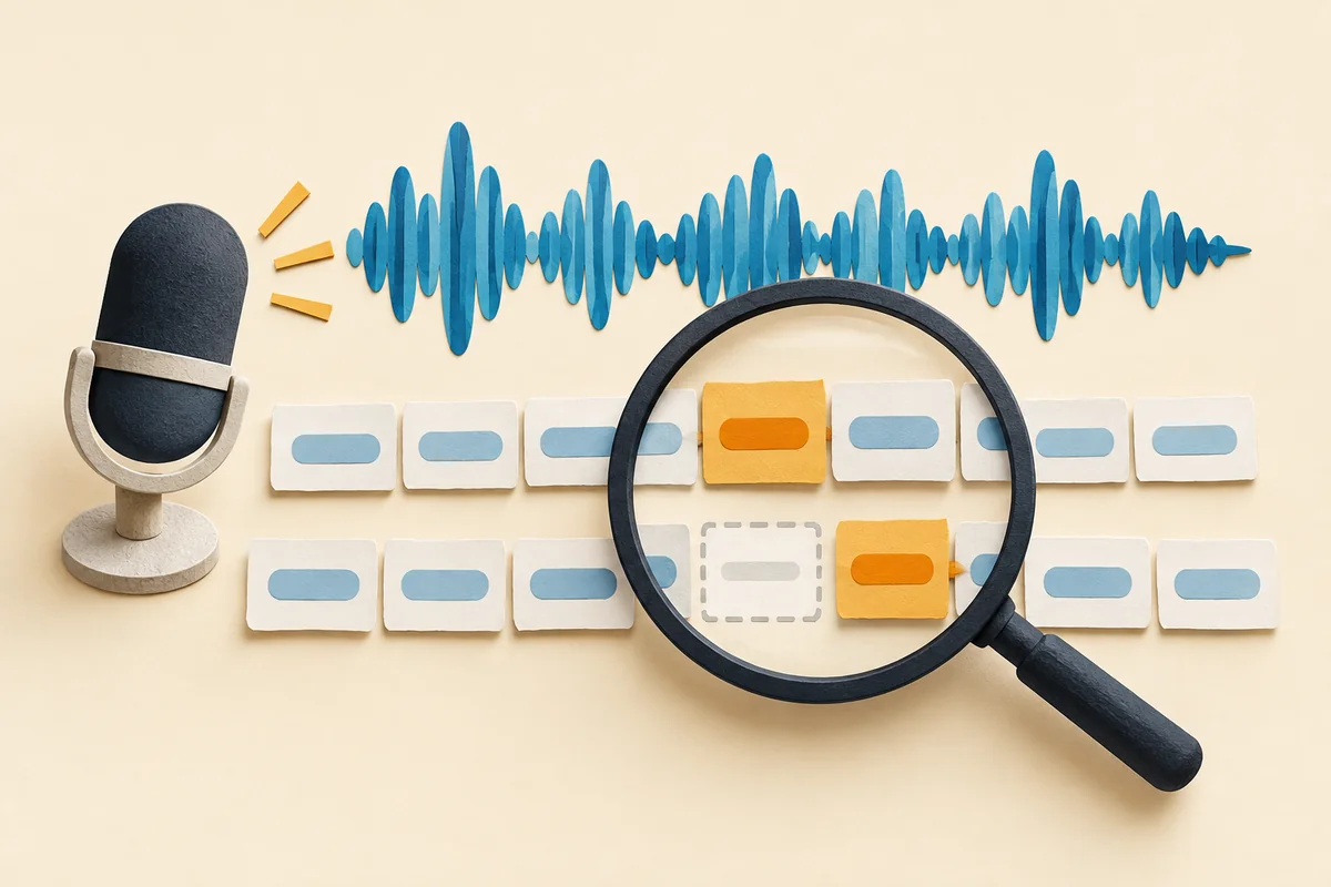 A microphone and blue audio waveform beside two rows of transcript tiles, with a magnifying glass highlighting mismatched and missing words.