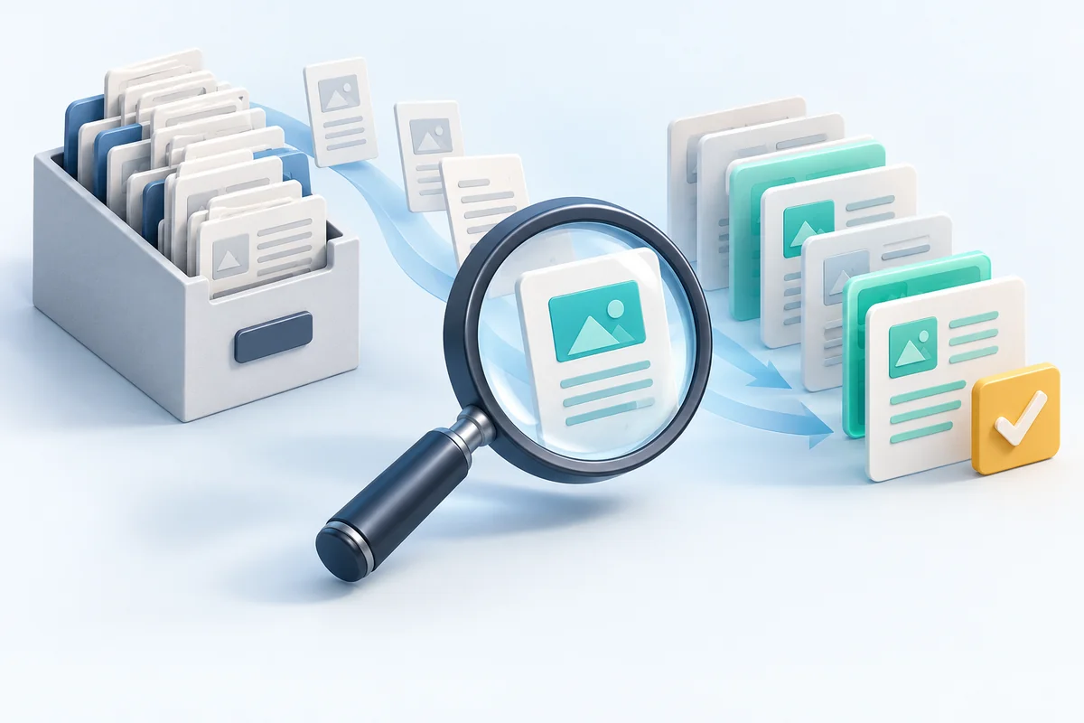A magnifying glass inspects retrieved document cards, with relevant results highlighted in teal beside a checkmark.