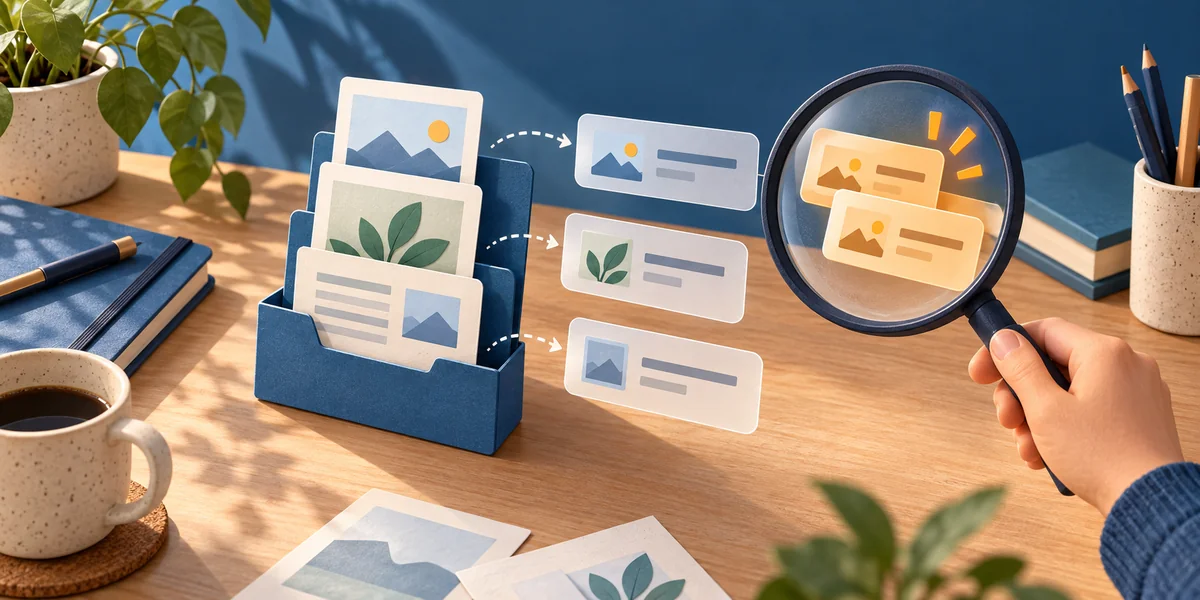 Original document cards stay in a folder while a magnifying glass reviews proposed name labels and highlights two conflicting proposals.