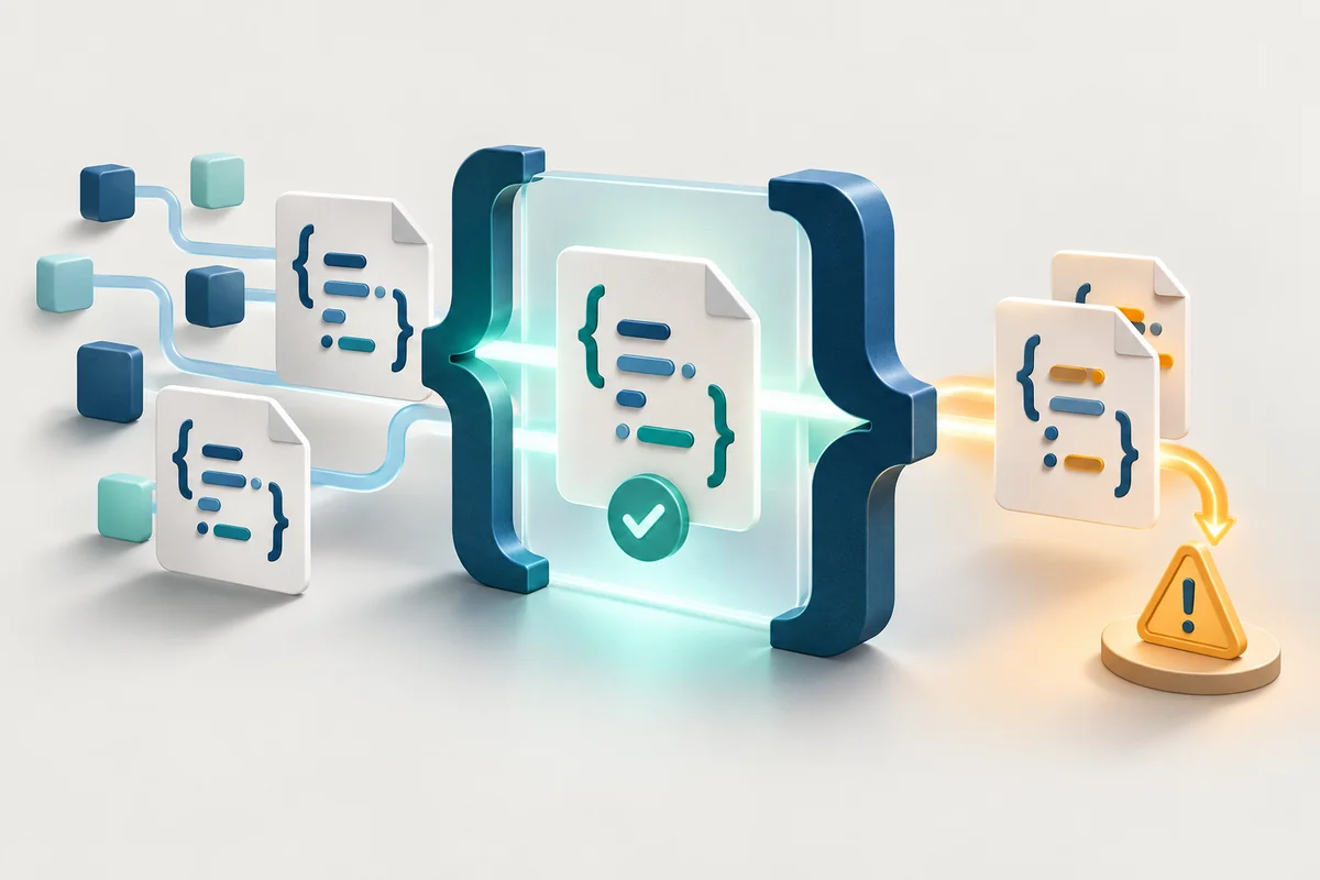 Structured document cards pass through a glass inspection gate shaped like JSON braces, while conflicting cards are diverted toward an amber warning.
